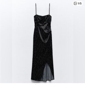 Zara Black Polka Dot Satin-Effect Midi Slip Dress size L